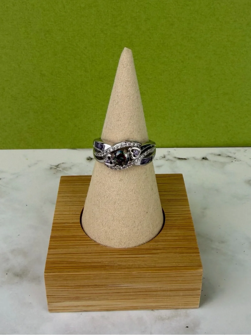 925 Sterling Silver Mystic Fire Topaz Amethyst Bypass Heart Ring – Size 8